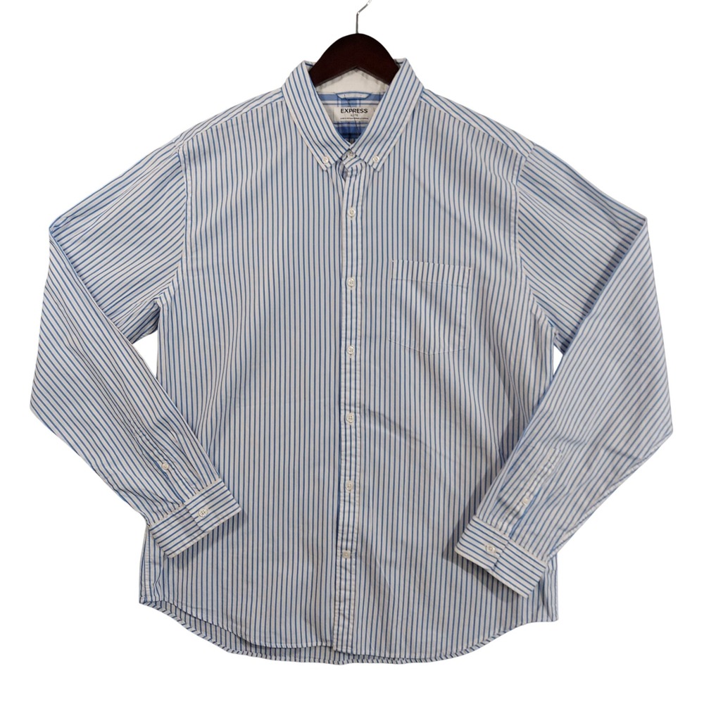 Express Button-Down Shirt Men XL Blue White Striped Long Sleeve Cotton 12572